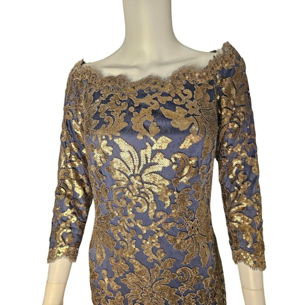 Tadashi Shoji Navy Gold Sequin Maxi Dress Sz6 Metallic Lace Overlay Formal Gown - Picture 3 of 9